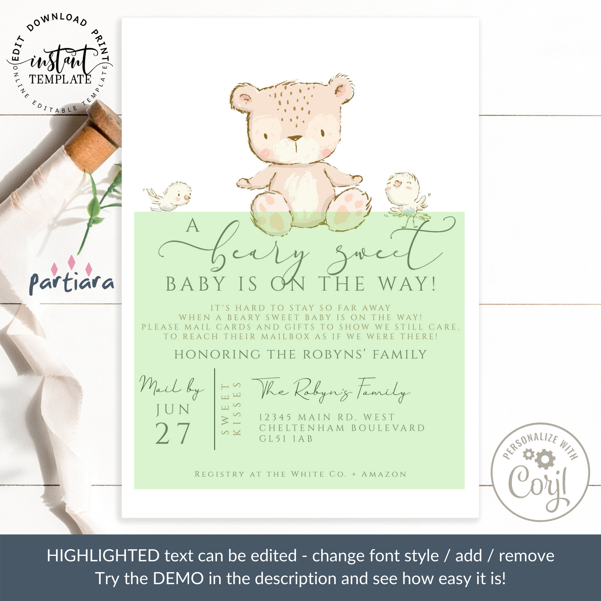 Baby Shower by Mail Invitation EDITABLE Cute Teddy Bear with Etsy