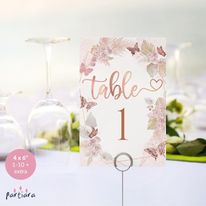 Carte da tavolo con numeri di erba di pampa rosa Bambina Baby Shower Boho Farfalla Decorazione floreale Stampabile Blush Oro rosa Modificabile Scarica P171