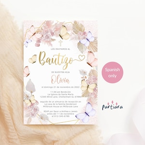 Convite para Batismo de Menina Modelo de Festa Espanhola, Convite para Batismo de Borboleta, Festa de 1º Aniversário Floral Boho Imprimível Rosa Pastel Editável P171