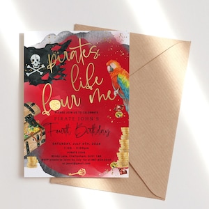 Pirate 4th Birthday Invite Printable Pirates Life Four Me Golden Party Invitation Red Black Treasure Chest Editable Digital Download P758