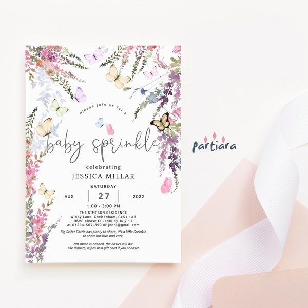 Baby Butterfly Sprinkle Invite Girl Wildflowers Floral Baby Sprinkle Party Invitation Printable Editable Digital Download Template P256