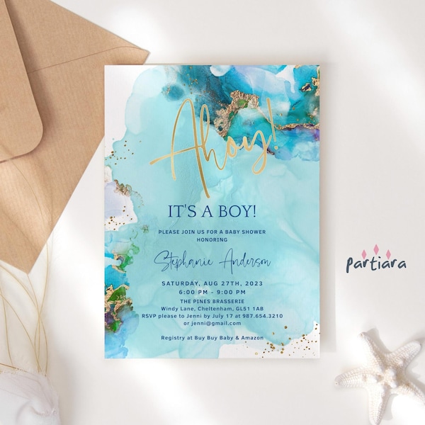 Ahoy It's a Boy Invite Nautical Baby Shower Invitation Printable Teal Blue Gold Decoration Editable Digital Download Template P243