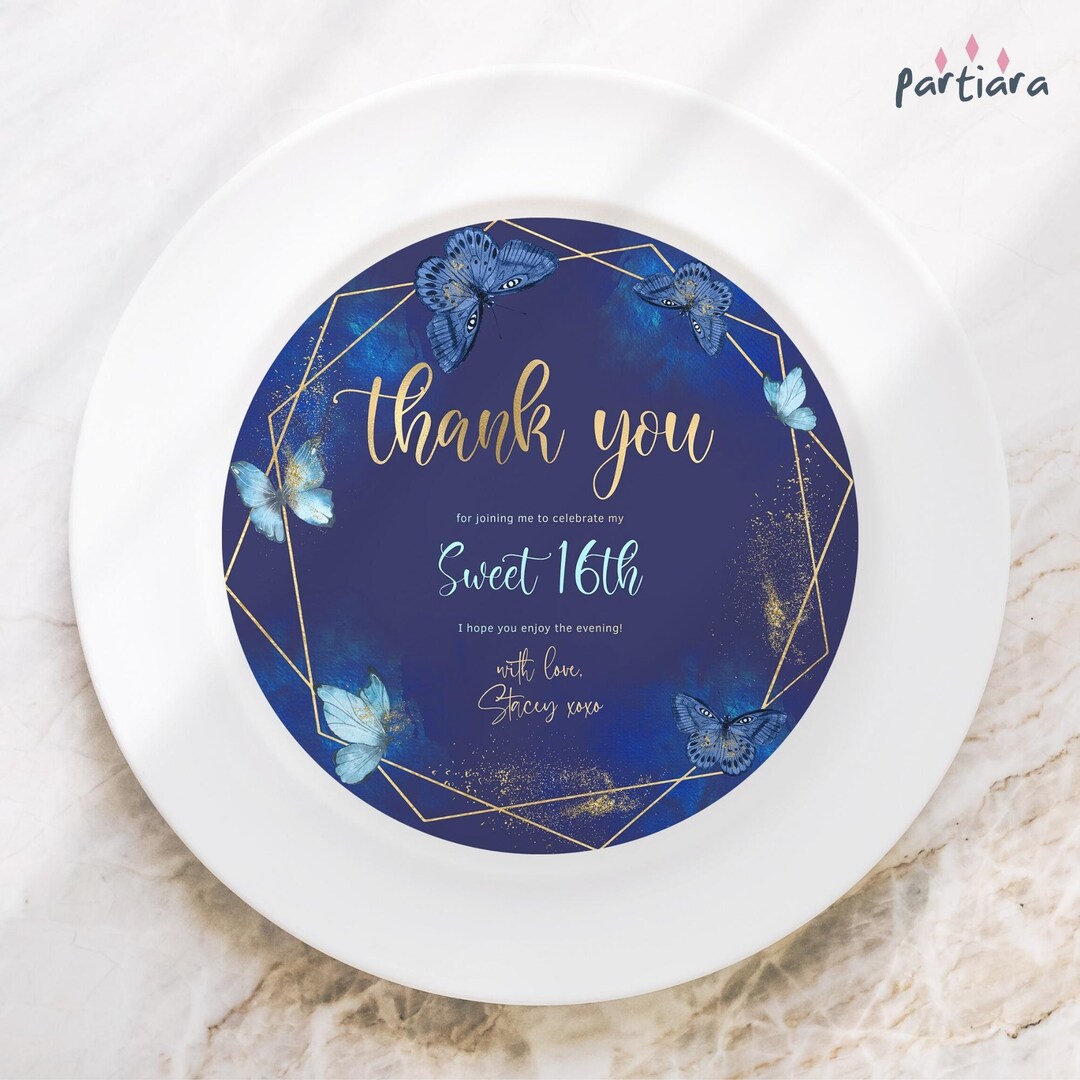 Blue Gold Birthday Plate Charger Thank You Table Cards Printable Ladies ...