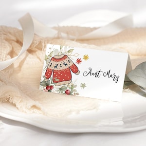 Segnaposto per feste con nomi di maglioni brutti stampabili, decorazioni per tavoli da pranzo di Natale, modello di download digitale modificabile P743