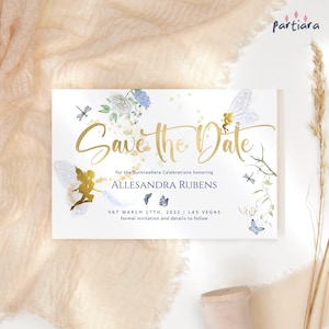 Réservez votre anniversaire enchanté, fée Quinceanera à imprimer, réservez les dates, modèle de décoration papillon floral bleu garden-party pour filles P204