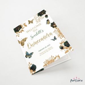 Green Gold Floral Quinceanera Party Program Printable Birthday Dinner Details Editable Digital Download Template Emerald Butterflies P193