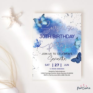 Invito a sorpresa per compleanno, festa a farfalla, stampabile, modello modificabile per invito a festa in piscina per donne, decorazioni in argento blu reale, download P617
