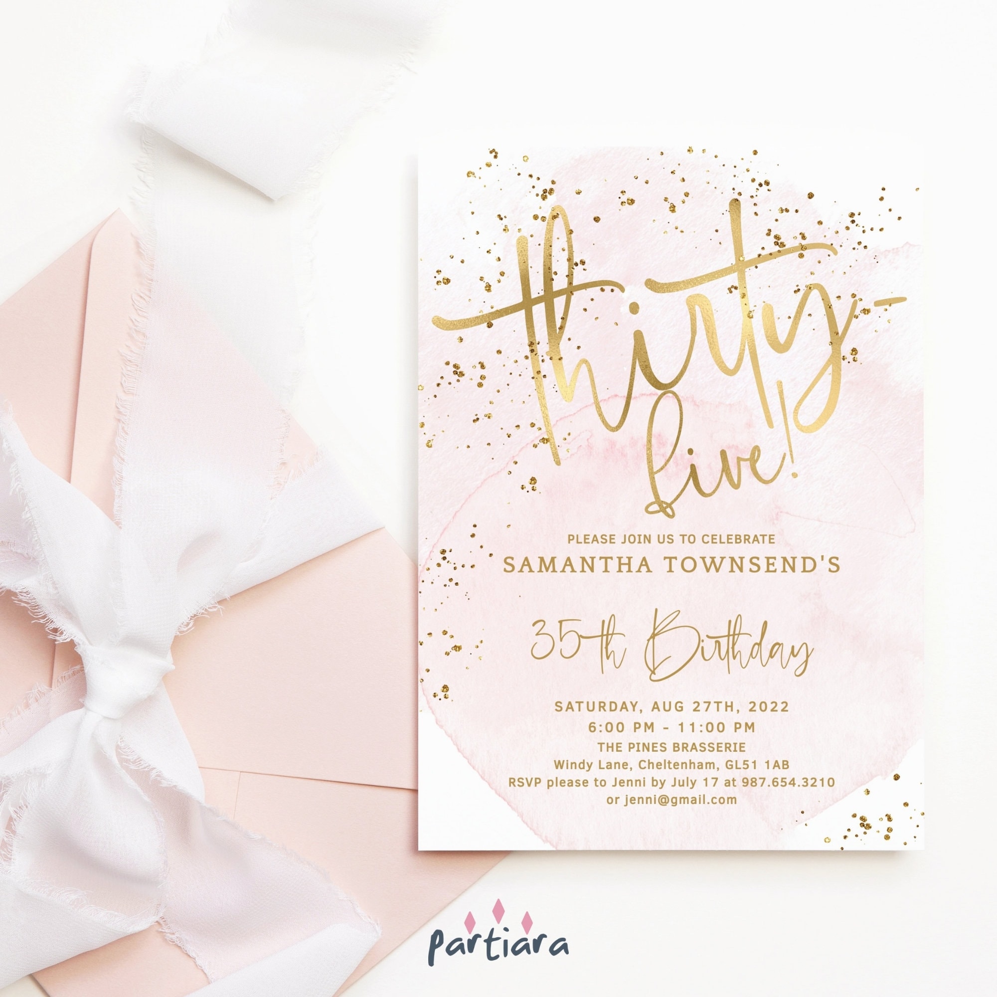 35th Birthday Invite Digital Download, Ladies Dinner Party Invitation Printable, Pastel Pink Gold Events Decor, Editable Template P249