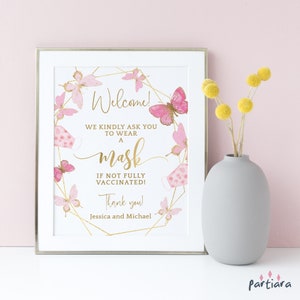 Taufe Maske Zeichen, Schmetterling 1. Geburtstagsfeier tragen eine Maske Poster Printable, Mädchen Babyparty oder Taufe Veranstaltungen, bearbeitbare Vorlage P144