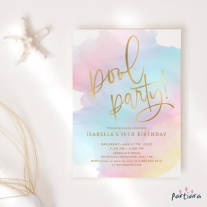 Girls Birthday Pool Party Invitation Printable Rainbow Pastel Teen Girl Party Invite Ombre Sky Decor Editable Digital Download Template P179