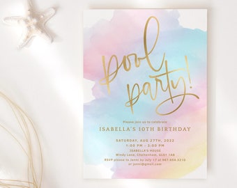 Filles Anniversaire Pool Party Invitation Imprimable Rainbow Pastel Teen Girl Party Invite Ombre Sky Decor Modifiable Téléchargement numérique Modèle P179