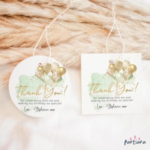Birthday Thank You Tags, Favor Gifts Sticker Template, Ladies or Teen Girls Mint Sage Green Balloons Decor, Editable Digital Download P232