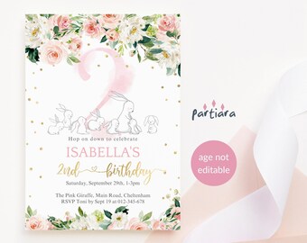 Girls 2nd Birthday Bunny Invitation Easter Spring Tea Party Invite Printable Blush Pink Floral Decor Editable Digital Download Template P116