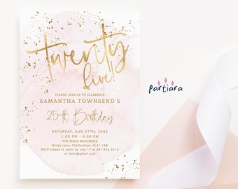 25th Birthday Invitation Template for Her: Brunch Lunch or Dinner Party Printable - Blush Pink Gold P249
