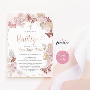 Doop uitnodiging Spaanse vlinder sjabloon, meisjes Rose goud 1e verjaardagsfeestje uitnodigen afdrukbare, pastelroze boho bloemen, bewerkbare P171