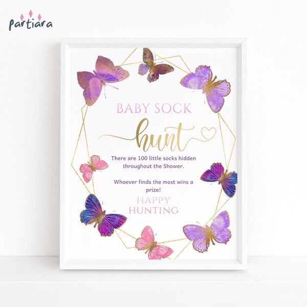 Butterfly Baby Shower Sock Hunt Game Sign Printable Girl Butterflies Party Activity Fine the Socks Game Poster Decor Editable Template P337