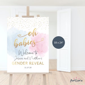 Twin Gender Reveal Welcome Sign Printable Baby Reveal Party Welcome Poster Board EDITABLE TEMPLATE Smoke Blue Pink Gold Decor Download P16