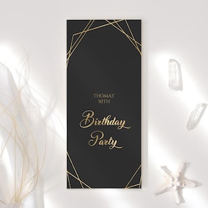 Cadre de table d'anniversaire pour carte, cadre de bienvenue et de remerciement imprimable, élégante décoration noir et or, modèle modifiable à télécharger pour homme P86