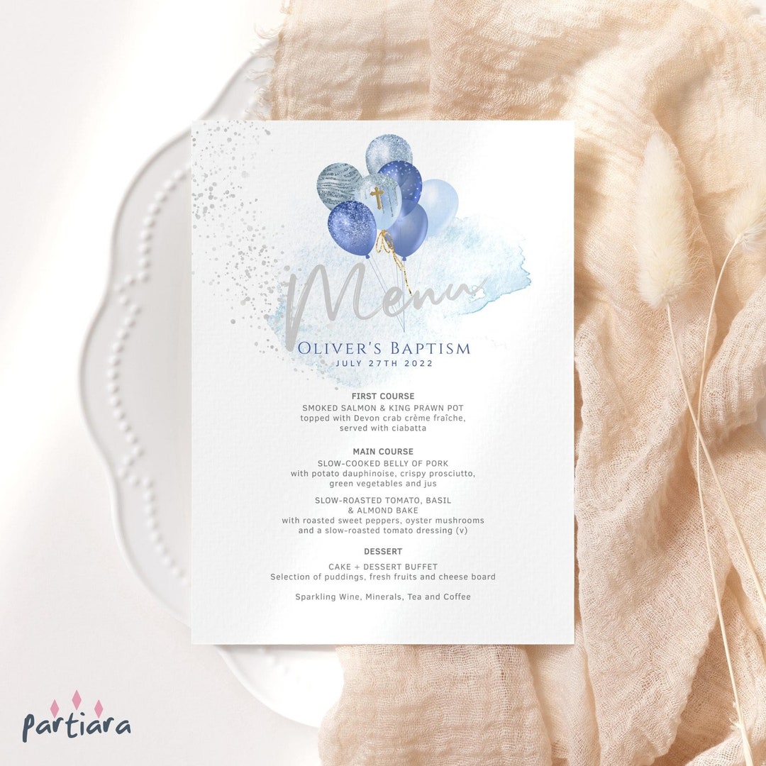 Blue Silver Baptism Party Menu Card Boys Christening Balloons Etsy
