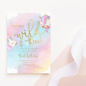 3rd Birthday Invite Unicorn Young Wild and Three Girls Party Invitations Printable Pastel Rainbow Decoration Editable Digital Download P179