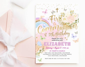 Girls Communion Birthday Invite First Holy Communion Invitations Floral Butterfly Rainbow Pastel Decor Printable Editable Download P87