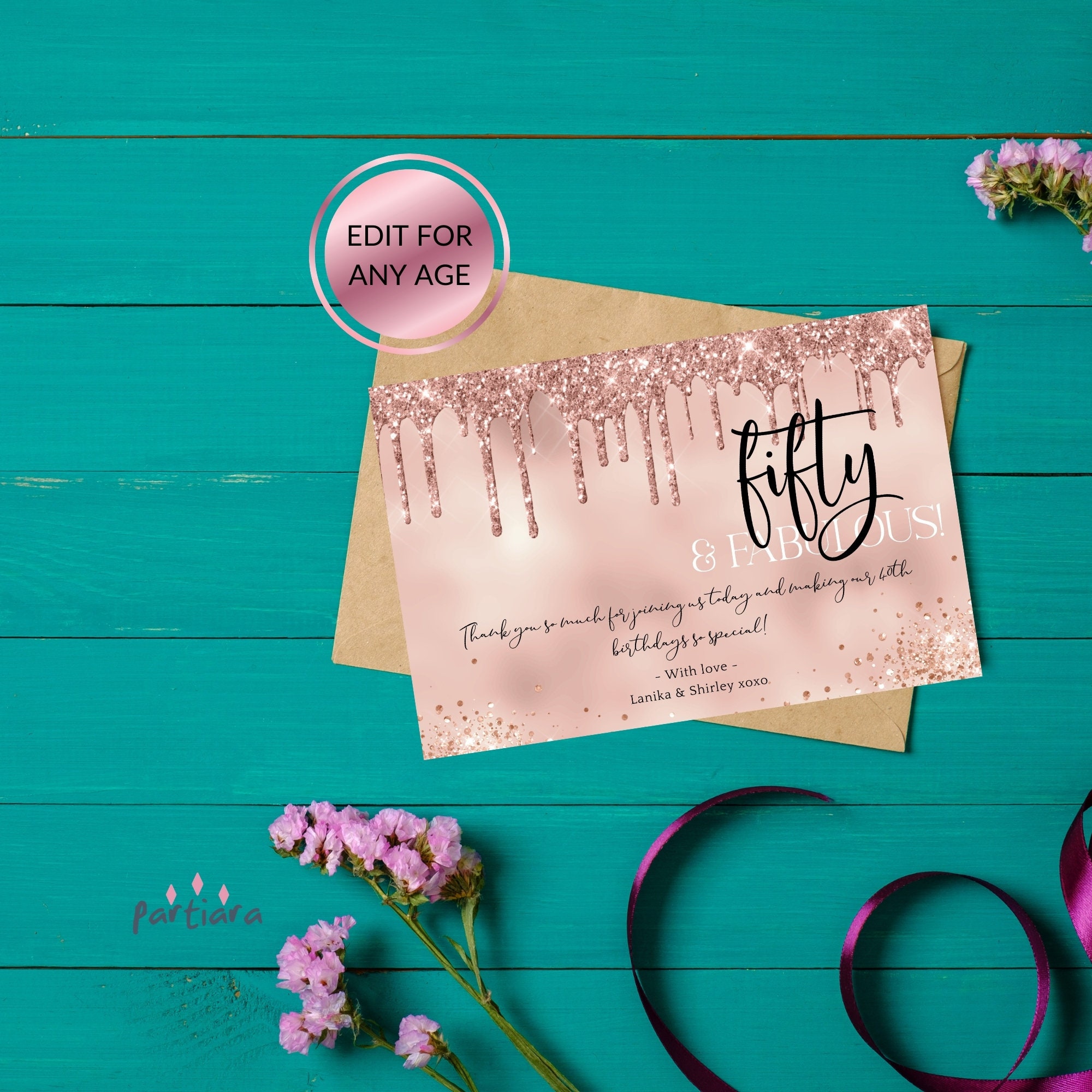 Rose Gold Thank You Card 50th Birthday Editable Template | Etsy