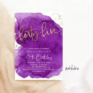 Invitation 45th Birthday Printable, Ladies Purple Gold Forty-Five Dinner Party Invite Confetti Decor, Editable Digital Download P281