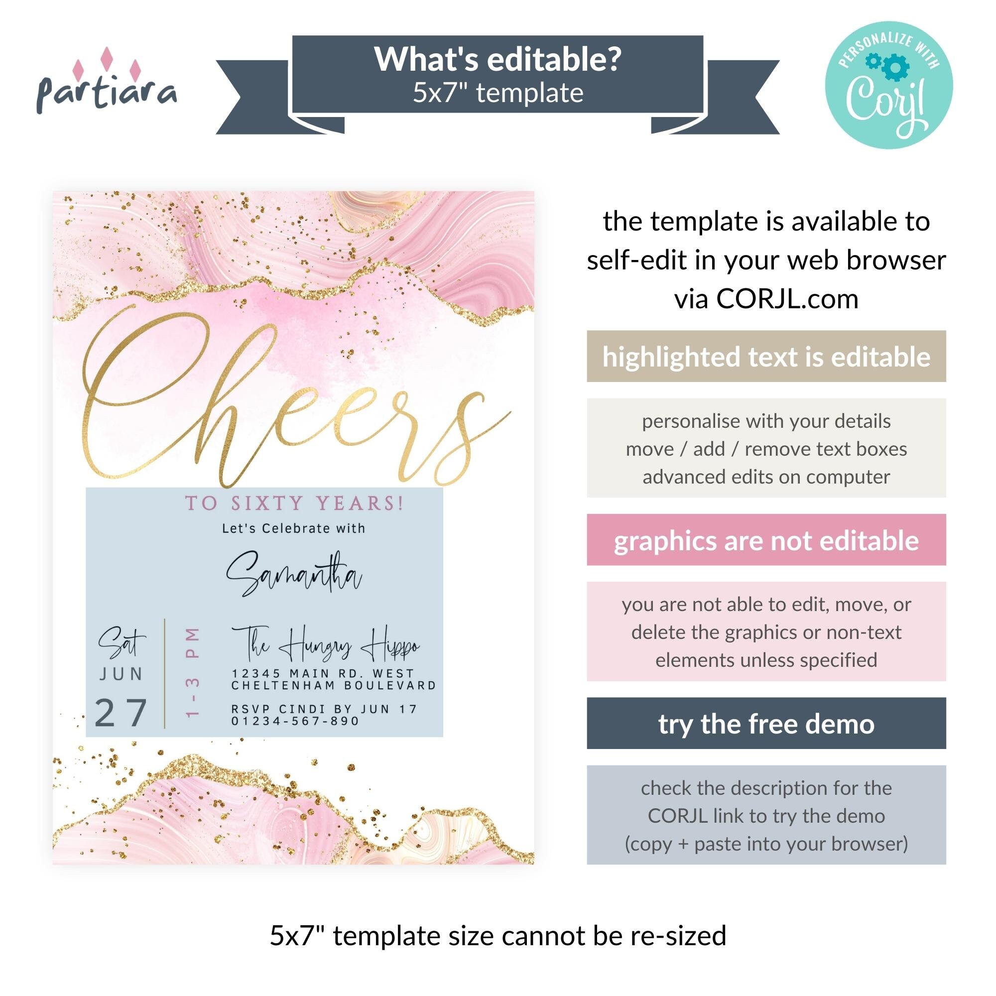 Ladies Pink Gold Birthday Invitation Editable Template Pastel - Etsy