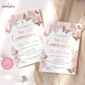 Laden Sie die erste heilige Kommunion zum Ausdrucken ein, Mädchen Pampas Grass Invite-Karten, Boho Rose Gold Schmetterling Blumendekor, bearbeitbare Download P171
