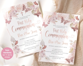 First Holy Communion Invitation Girl Rose Gold Party Invites Printable Blush Pink Butterflies Bohemian Floral Editable Pampas Template P171