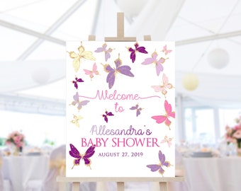 Pink Purple Butterfly Party Welcome Sign Girl Baby Shower 1st Birthday Tea Party Welcome Poster Decor Printable Editable Download BU1 P186