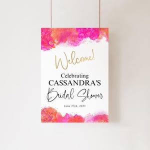 Hot Pink Bridal Shower Sign, Welcome Birthday Tropical Party Poster Decor Printable, Orange Gold Editable A3 Template Digital Download P200