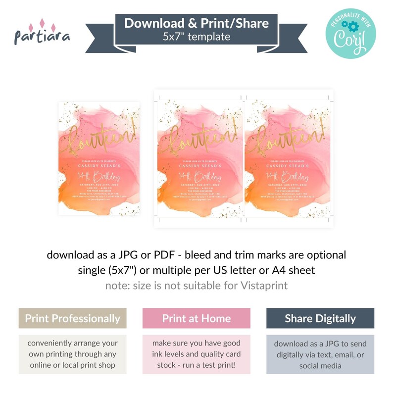 Girls 14th Birthday Invite Digital Download, Summer Party Invite Template, Pink Orange Peach Decor, Editable Card P722 image 4