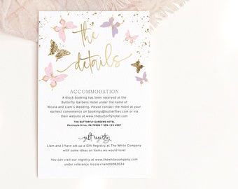 Wedding Details Card Invitation Inserts Butterfly Decor Invites Accommodation Gift Registry Cards Printable Editable Digital Download P345