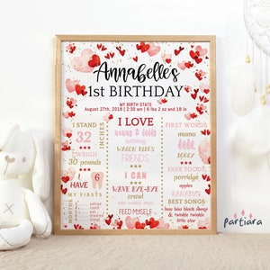 1st Birthday Board Girl's Sweetheart Milestone Sign Printable Editable Instant Download Template Valentine's Day Pink Red Gold Hearts P121