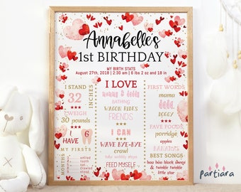 1st Birthday Board Girl's Sweetheart Milestone Sign Printable Editable Instant Download Template Valentine's Day Pink Red Gold Hearts P121