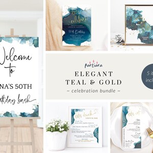May include: Teal and gold printable party decorations with a watercolor background. The set includes a welcome sign, invitation, drink menu, dinner menu, and a thank you sign. The text on the welcome sign reads "Welcome to Iona's 50th birthday bash".