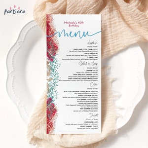 Edytowalny szablon karty menu obiadowego, świąteczne menu na imprezę bożonarodzeniową do wydrukowania, elegancki wystrój stołu w kolorze niebiesko-czerwono-srebrnym, pobieranie cyfrowe P203
