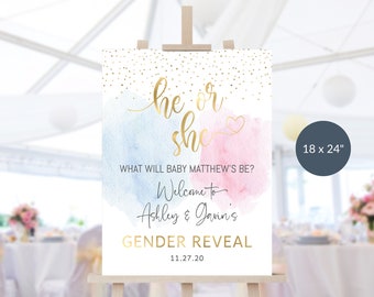 Printable Gender Reveal Welcome Sign He She Baby Reveal Party Welcome Poster Board EDITABLE Pastel Blue Pink Gold Smoke Decor Download P16