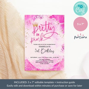 May include: Pink and gold birthday invitation with the text "Pretty in Pink" and a crown. The invitation is for Isabella's 3rd birthday party. It includes the date, time, location, and RSVP information.