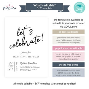 Let's Celebrate Party Invitation Online Editable Template, Surprise Birthday Party Invites, Anniversary Invites, Black White Invite for Him image 2