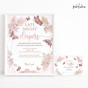 Butterfly Baby Shower Late Night Diapers Game Sign Printable, Boho Rose Pink Gold Floral Butterflies Decor, Editable Download P171