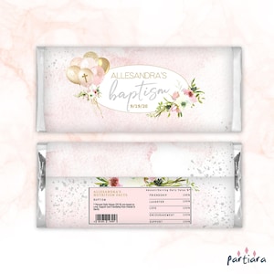 Girls Candy Wrapper Baptism Favors Template, 1st Birthday Christening Chocolate Bar Labels Printable, Pink Gold Balloons, Editable P344