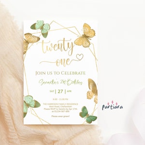 21. Geburtstag einladen Vorlage, Mädchen Twenty One Schmetterling Einladung Printable, Mintgrün Gold Dinner Party Karte, Bearbeitbarer Download P149
