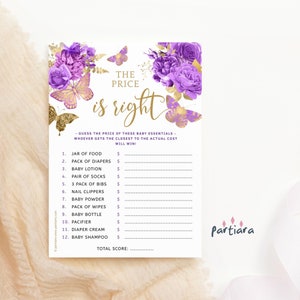 Modelo de cartão de jogo de chá de bebê Floral Price is Right, cartão de festa de borboletas para impressão, decoração roxa e lilás para meninas, download editável P36