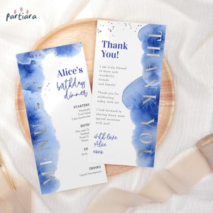 Blue and Silver Menu Template, Royal Blue Program Table Menus Printable, Men Birthday Dinner Party Menu Card, Editable Digital Download P237