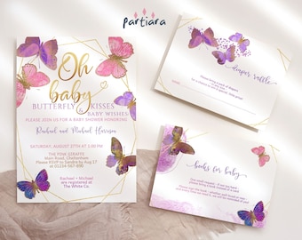 Pink Lilac Butterfly Baby Shower Invitation Set Editable, Girl Baby Shower Invite Template, Printable Books for Baby Diaper Raffle Cards