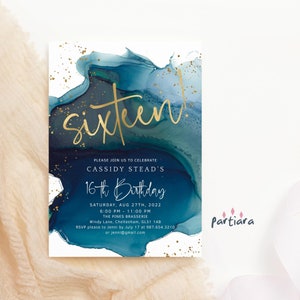 Plantilla de invitación para 16 cumpleaños: Fiesta de dieciséis para niñas, color verde azulado y dorado, imprimible (descarga digital) P231