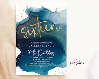Invitación digital para cumpleaños número 16 en verde azulado, descargable, azul y dorado, editable, para él o ella, sorpresa verde, imprimible, P231