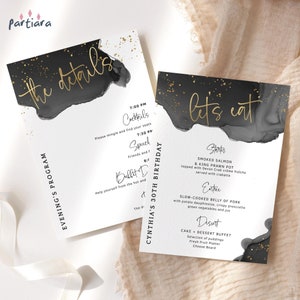 Partymenüs mit Programm Druckbare Geburtstagsfeier Männer oder Damen Feier Event Bearbeitbares doppelseitiges Menü Schwarz Weiß und Gold P132 P268